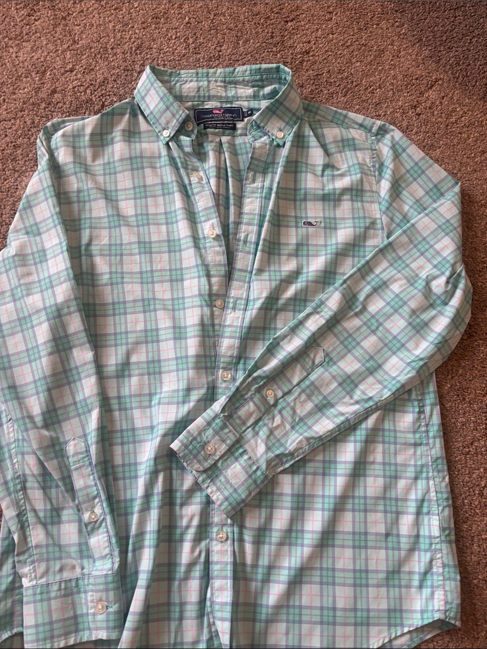 Vineyard Vines Men’s Mint Green & Pink Plaid Button-Down Shirt